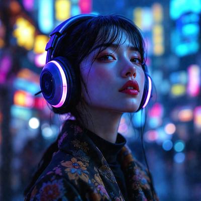 The primary subject of the image is a woman wearing headphones and a floral print shirt. She is standing in front of a colorful background, which includes a cityscape with neon lights. The visual style of the image is a combination of photo and digital art, creating a vibrant and lively atmosphere. The colors and mood of the image are predominantly bright and energetic, with the woman's outfit and the cityscape contributing to the overall vibrancy of the